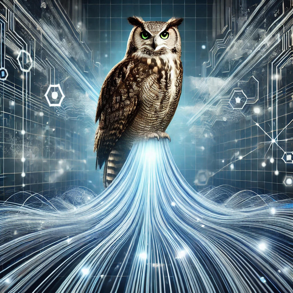 An owl perched above glowing, flowing data streams, symbolizing control and accuracy in a modern, tech-inspired background.